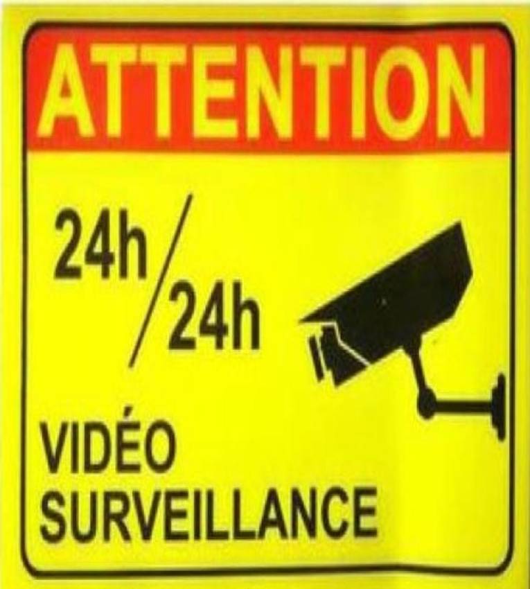 5 Autocollants/Stickers " ATTENTION Vidéos-Surveillance 24/24 "   pour les surface lisses